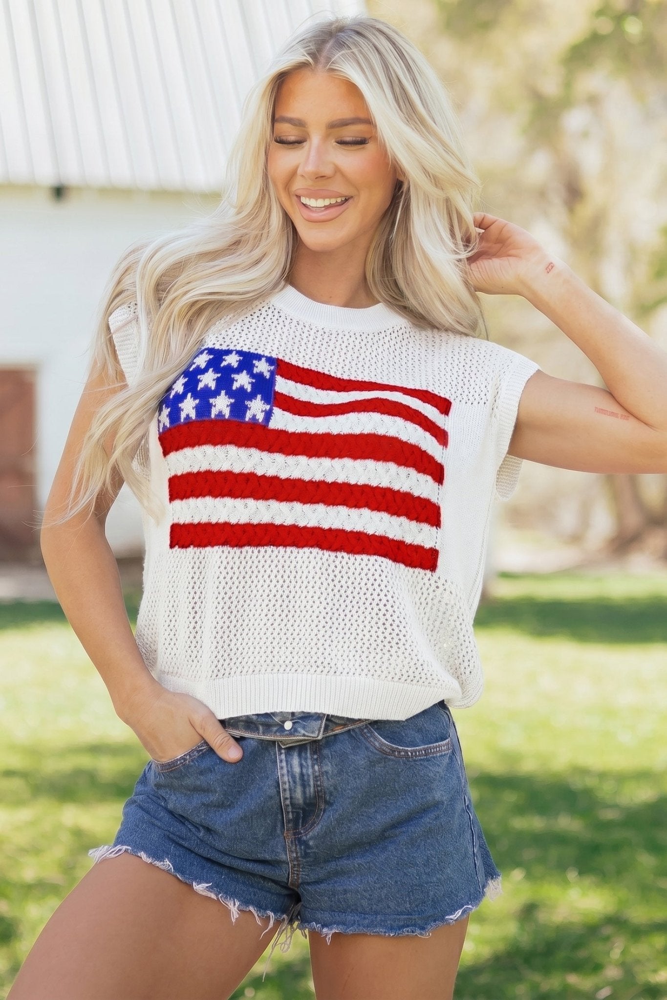 White Flag Graphic Short Sleeve Sweater Top - Loving It Shop