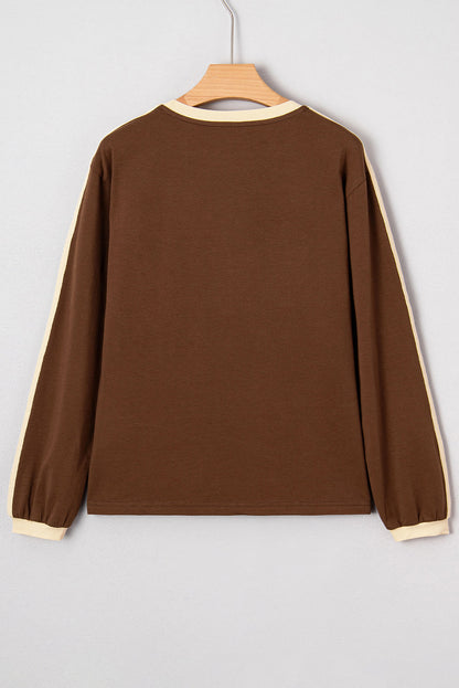 Dark Brown Varsity Striped Accent Contrast Crew Neck Long Sleeve T Shirt