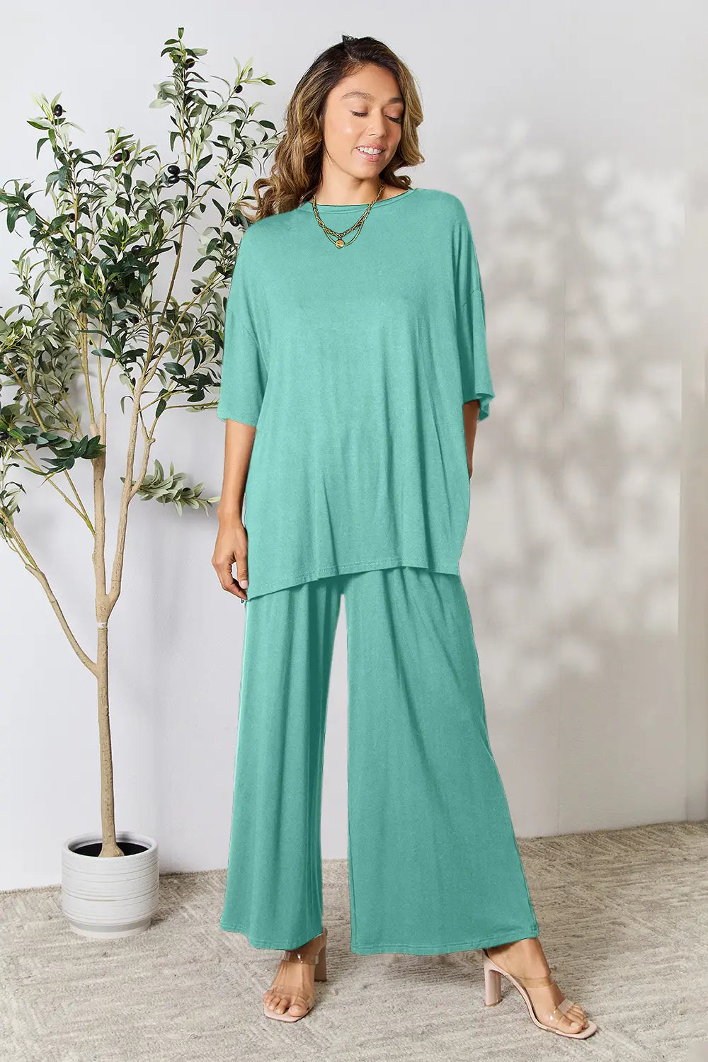 I am a Fashion Junky Full Size Round Neck Slit Top and Pants Set
