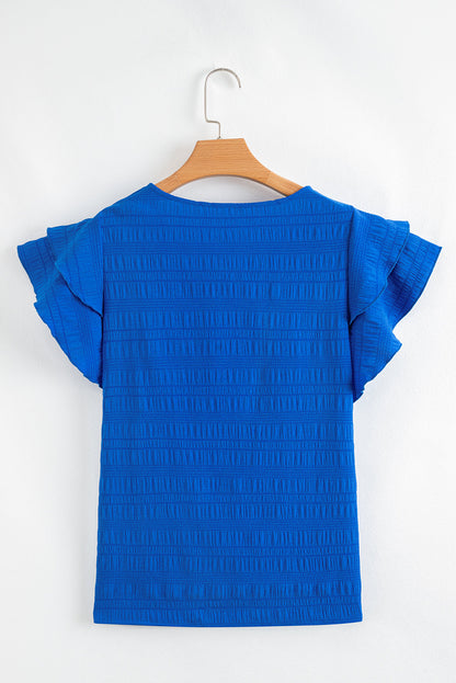 Dark Green Ruffle Sleeve Textured Smocked Blouse