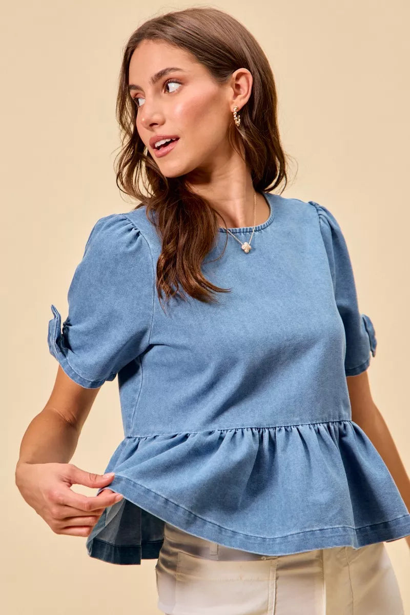 Denim Bow Detail Short Sleeves Peplum Top