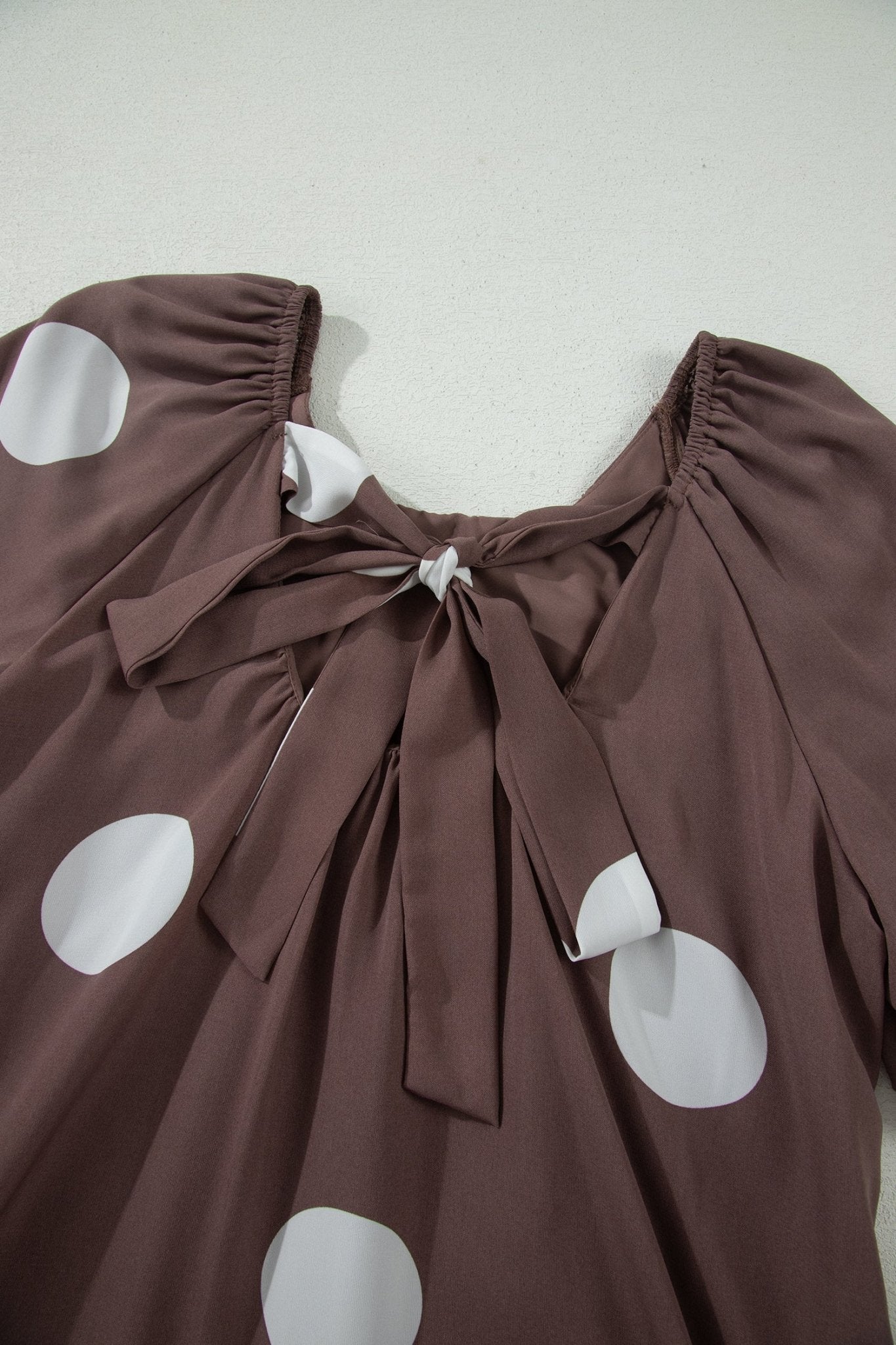 Brown Polka Dot Print Knot Back Short Puff Sleeve Loose Mini Dress - Loving It Shop