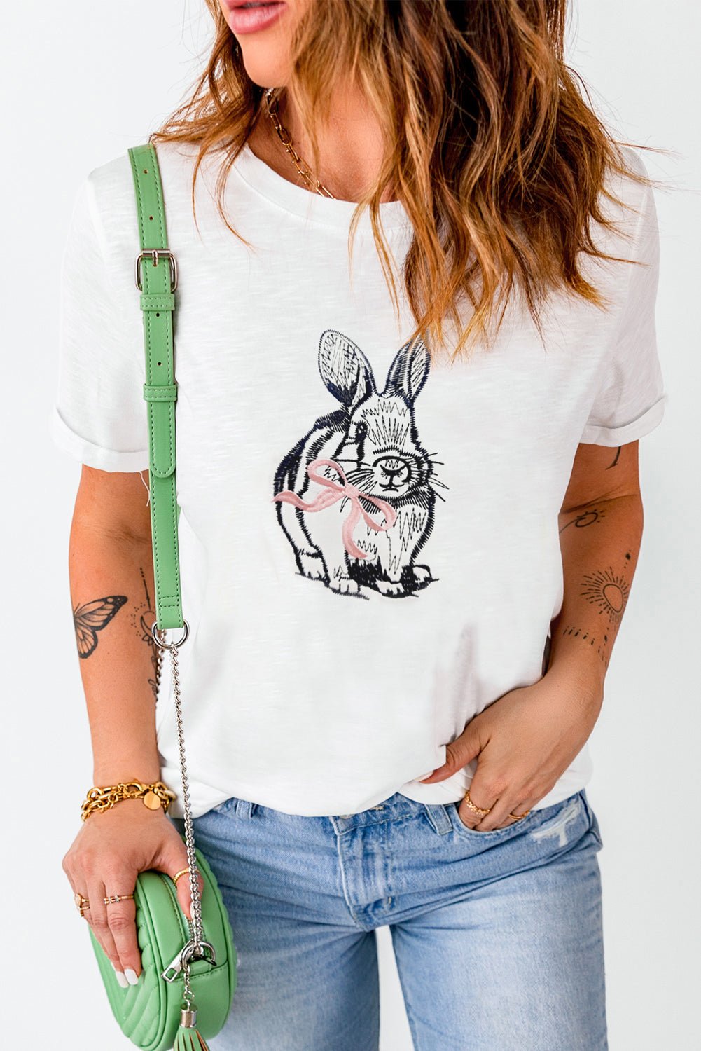 White Bunny Embroidered Bow Graphic Tee - Loving It Shop