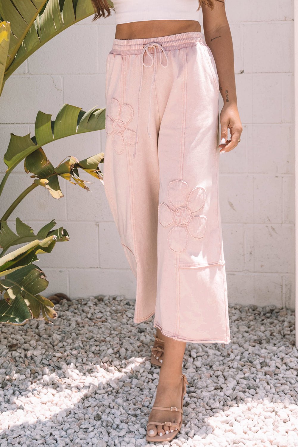 Pink Flower Patch Mineral Washed Terry Knit Cropped Wide Leg Pants - Loving It Shop