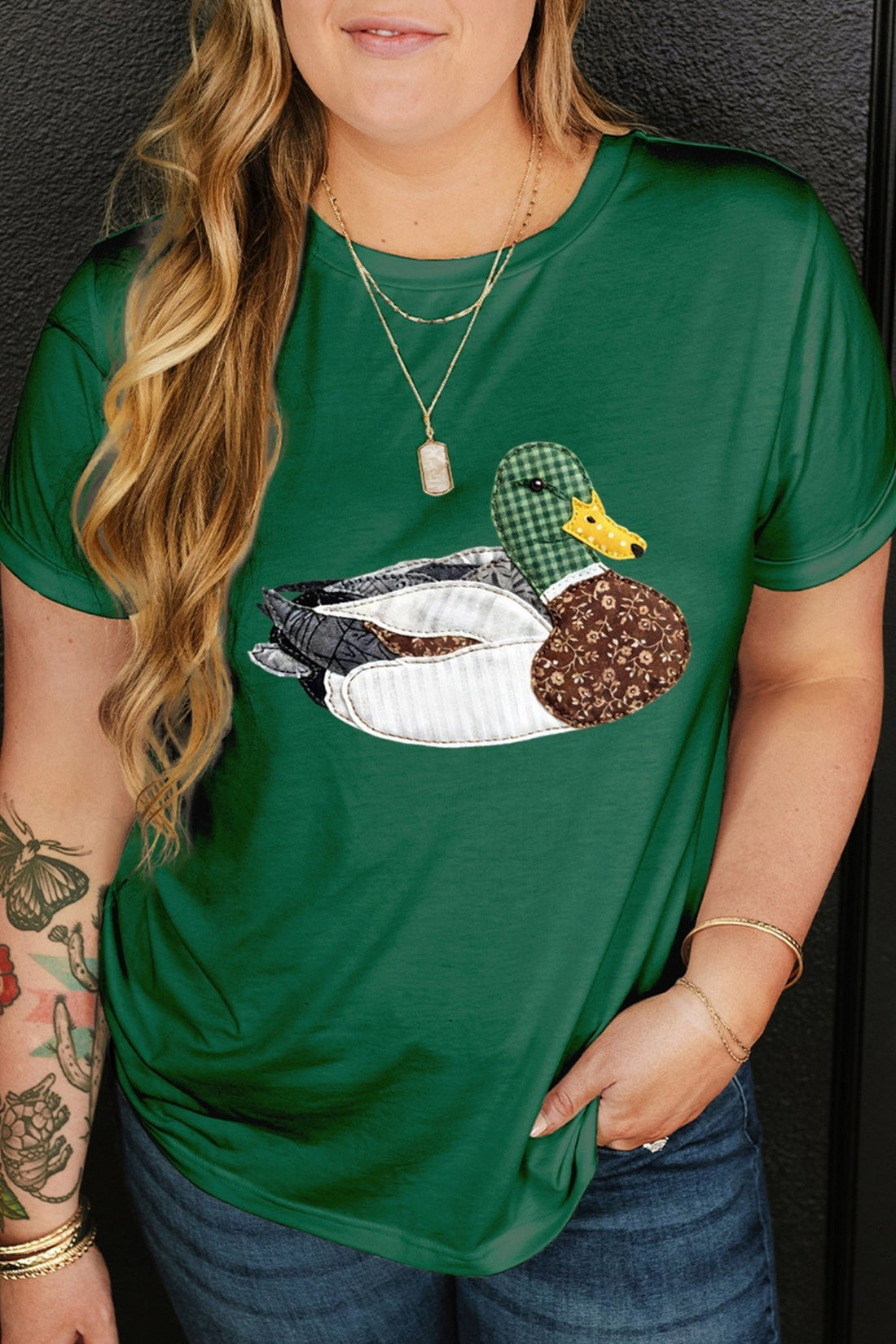 Dark Green Faux Patchwork Mallard Duck Plus Size Graphic Tee - Loving It Shop