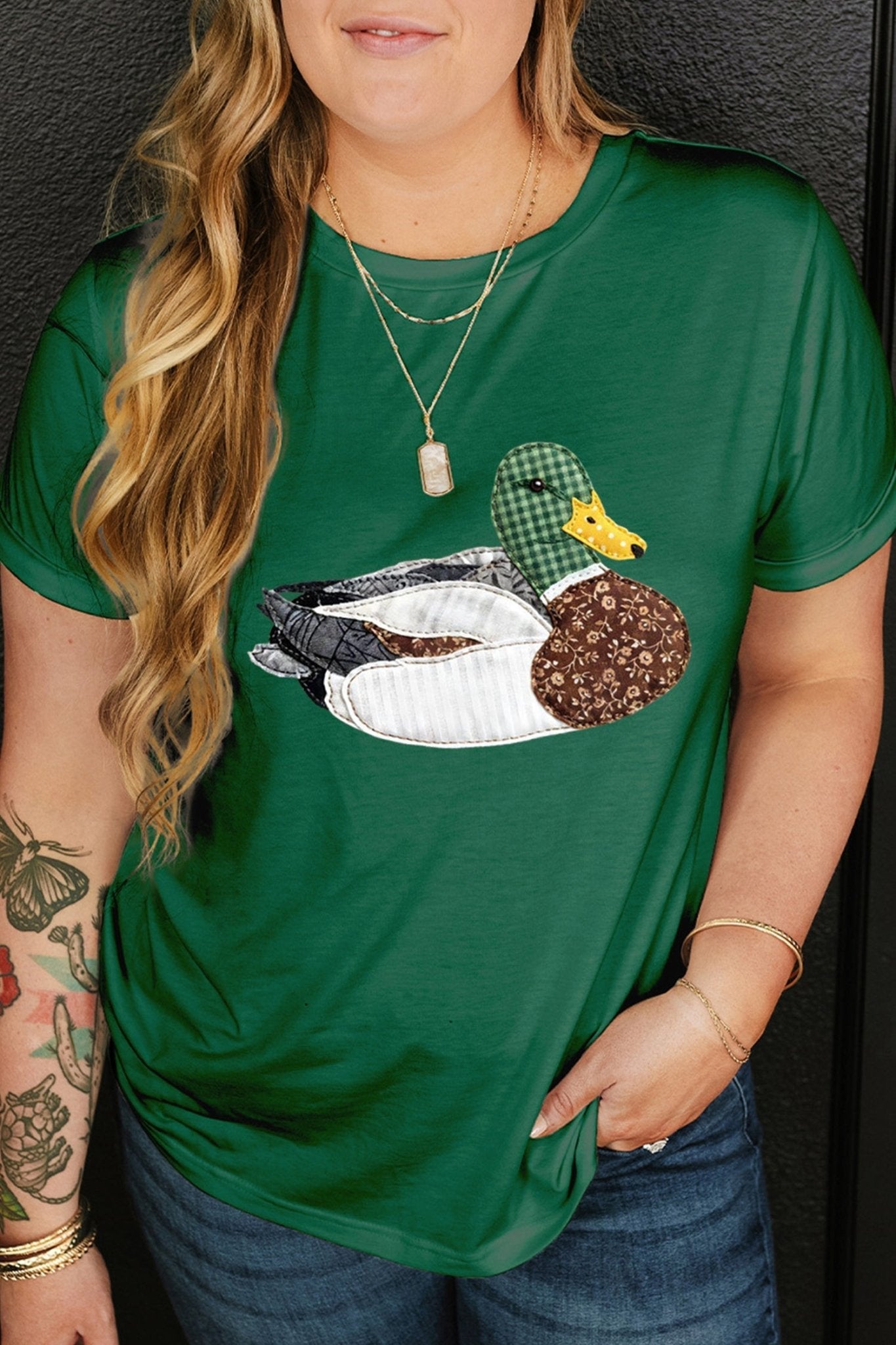 Dark Green Faux Patchwork Mallard Duck Plus Size Graphic Tee - Loving It Shop
