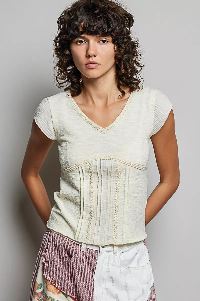 V-Neck Lightweight Textured Short Sleeve Knit Top with Lace Trim