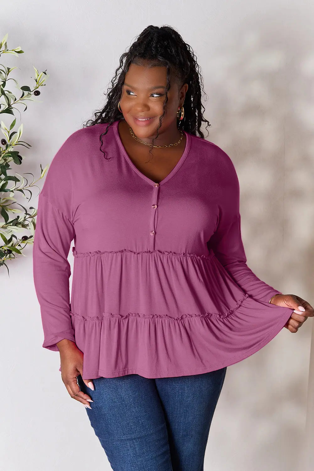 I am a Fashion Junky Take Half Button Long Sleeve Ruffle Hem Blouse