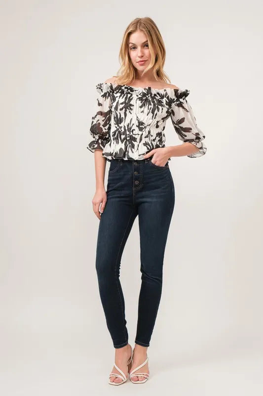 Smocked Off-Shoulder Floral Printed Top
