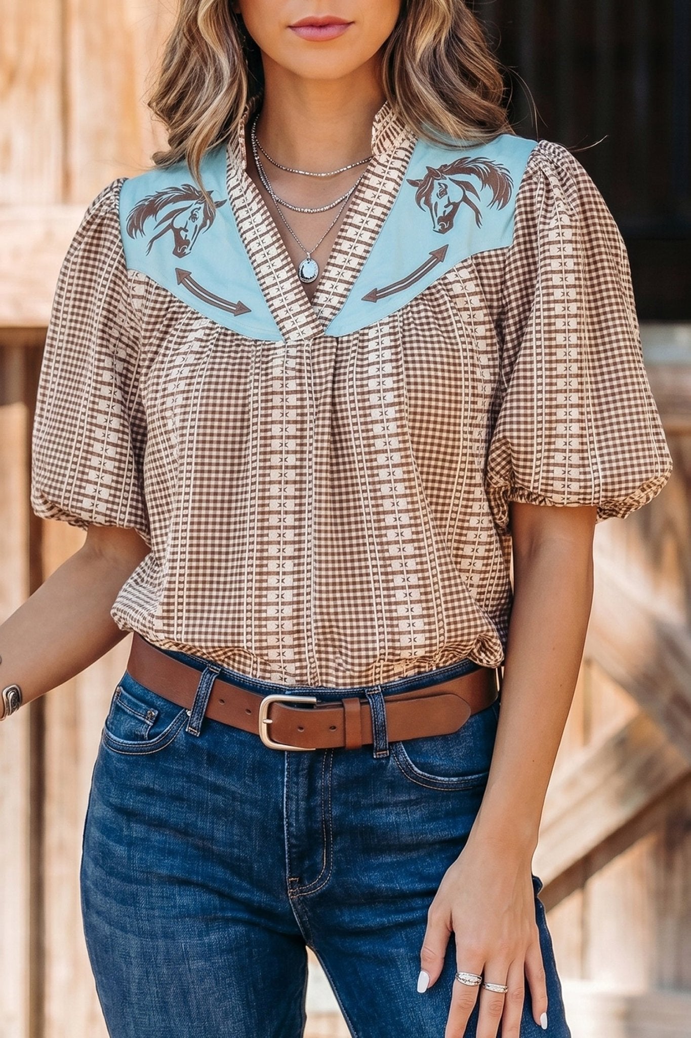 Brown Western Pony Embroidered Yoke Puff Sleeve Gingham Blouse - Loving It Shop