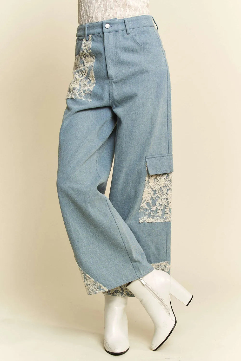 Davi &amp; Dani Lace Applique Wide Leg Jeans
