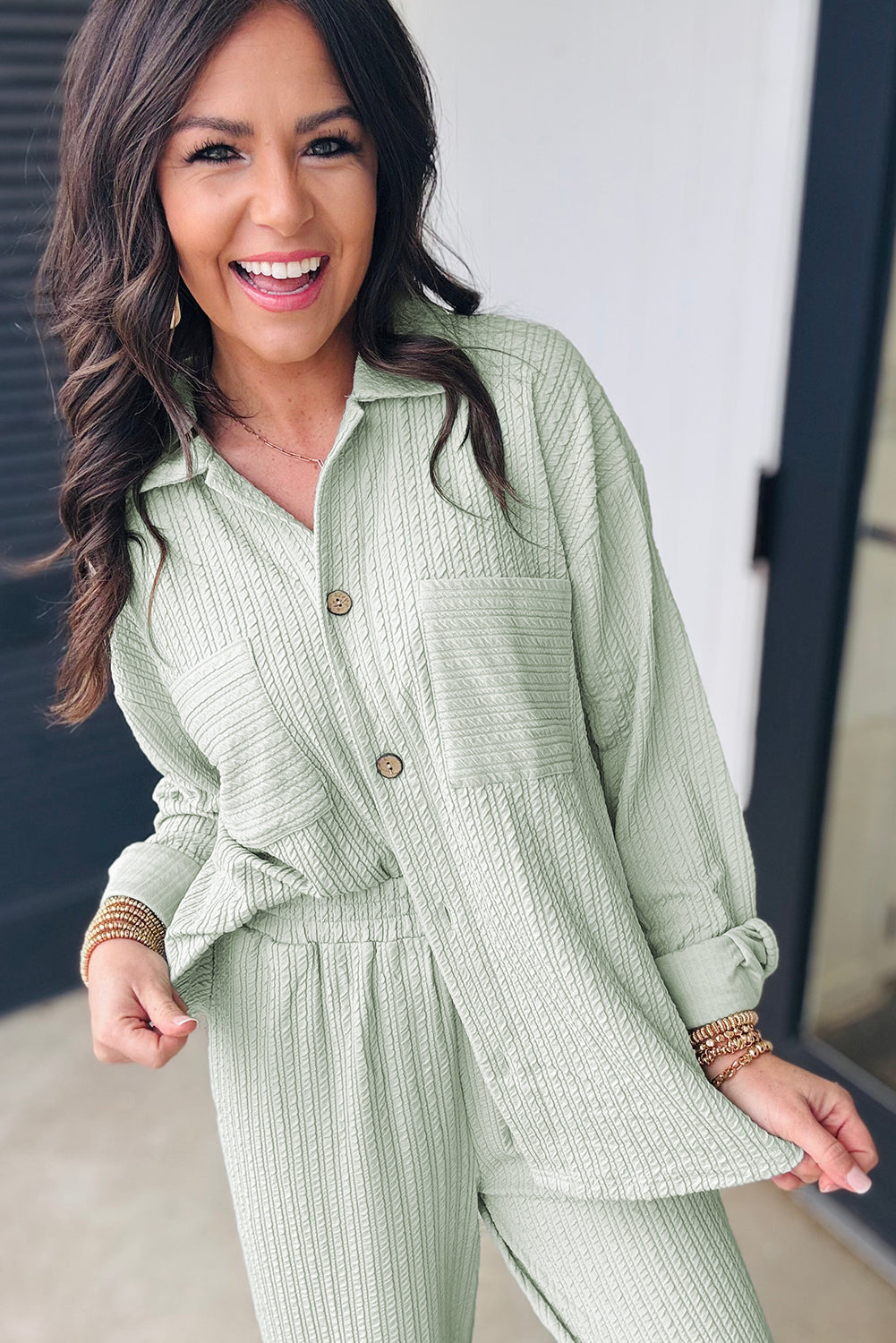 Clearly Aqua Textured Patched Chest Pocket Shirt and Pants Set