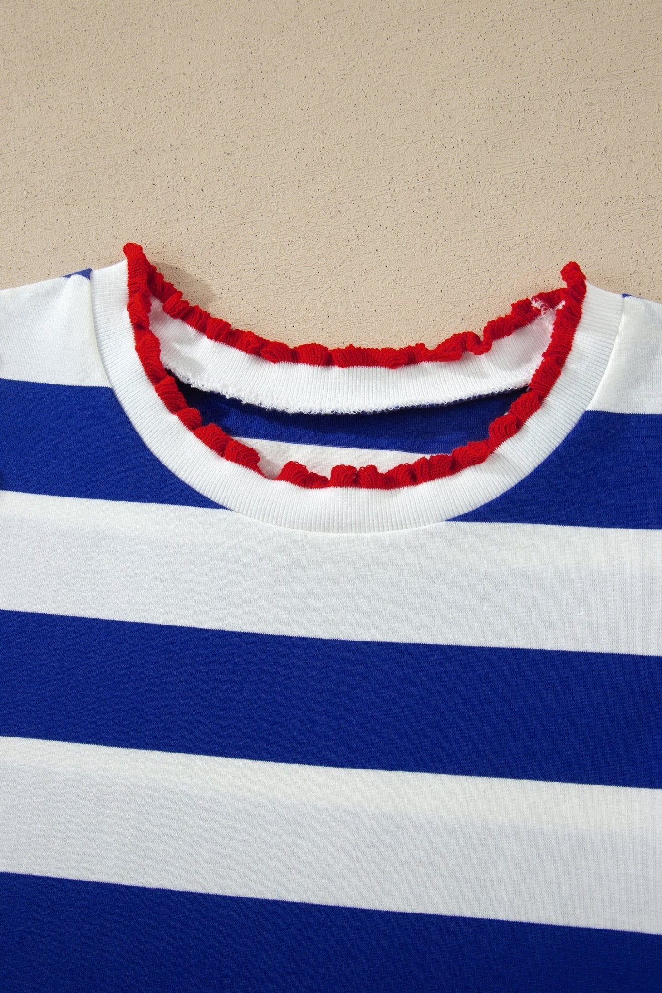 Blue Stripe Contrast Trim Round Neck Short Puff Sleeve Shift Mini Dress - Loving It Shop