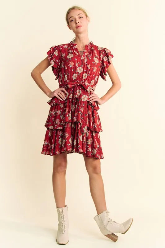 Davi &amp; Dani Ruffle Flutter Sleeve Tie Belt Tiered Mini Dress