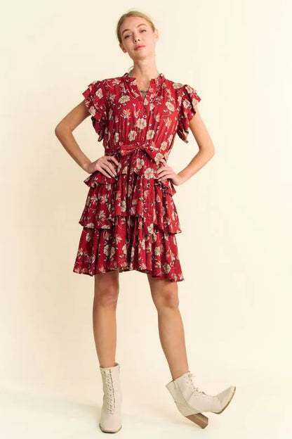 Davi &amp; Dani Ruffle Flutter Sleeve Tie Belt Tiered Mini Dress