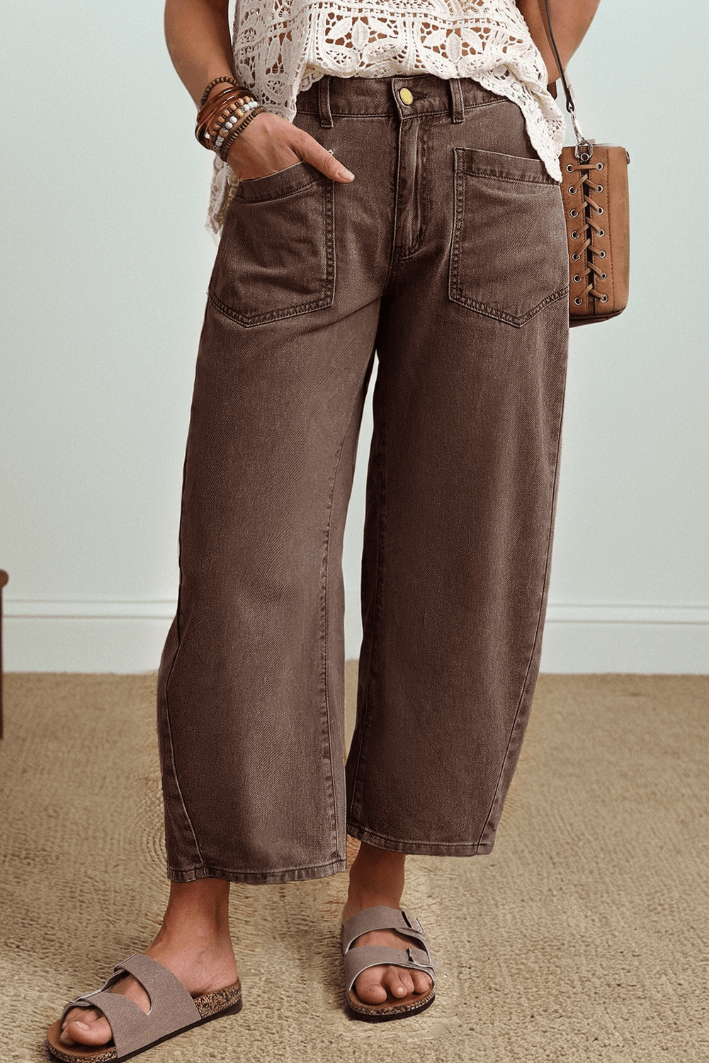 Coffee Solid Color Square Patch Pocket Ankle - length Barrel Jeans - Loving It Shop