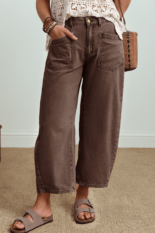 Coffee Solid Color Square Patch Pocket Ankle - length Barrel Jeans - Loving It Shop