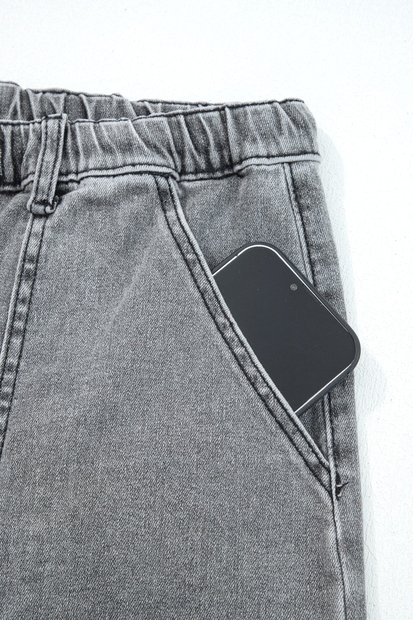 Gray Drawstring Seam Detail Raw Hem Wide Leg Denim Pants - Loving It Shop