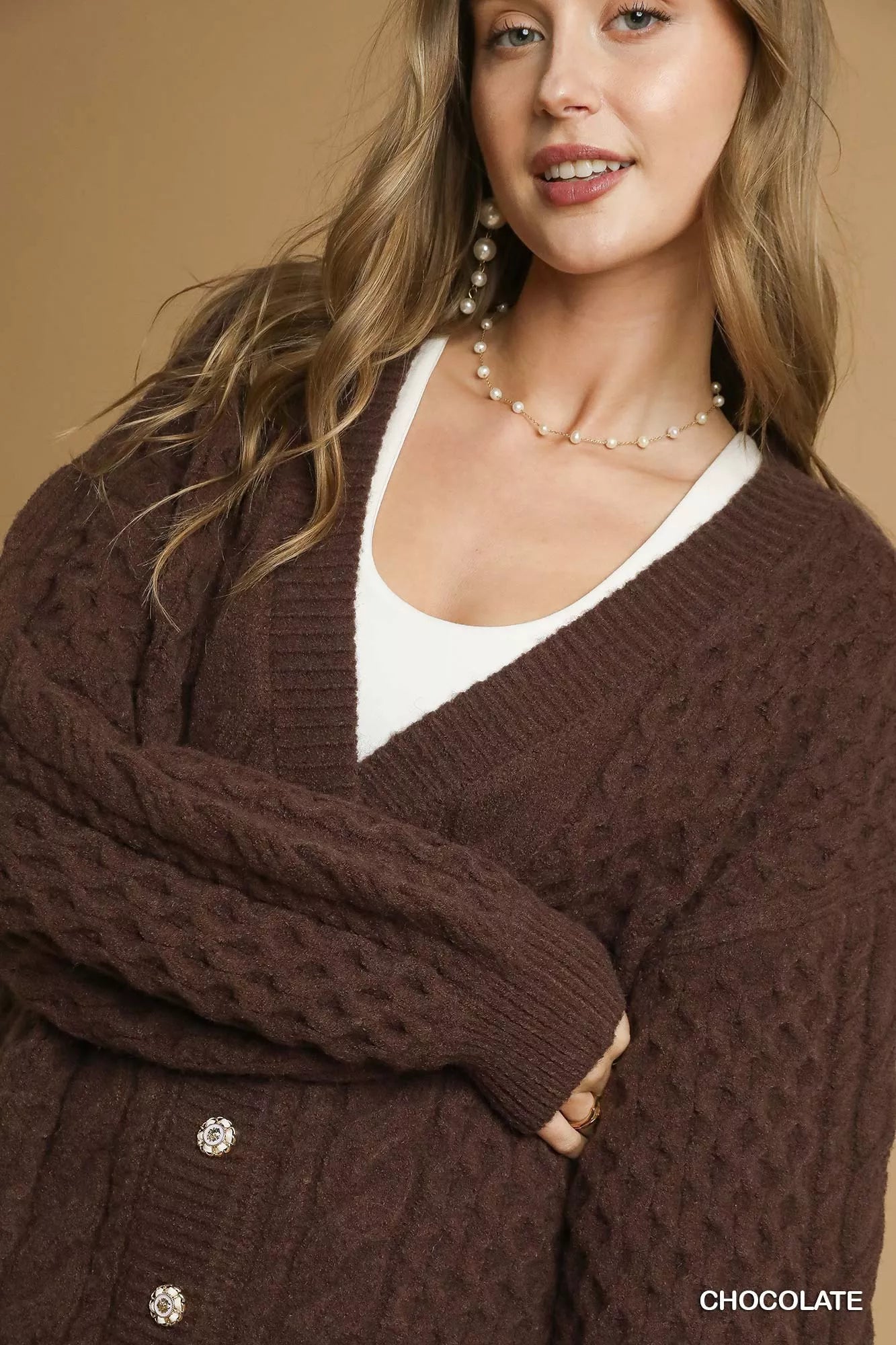 Cable Knit Pearl Button Cardigan