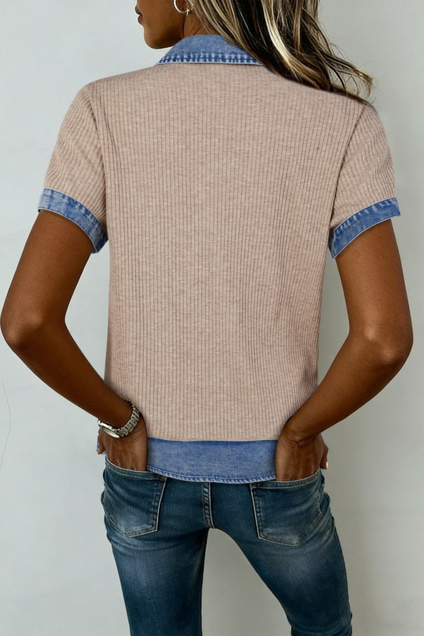 Beige Ribbed Knit Denim Color Block Patchwork Button Detail Collared Blouse - Loving It Shop
