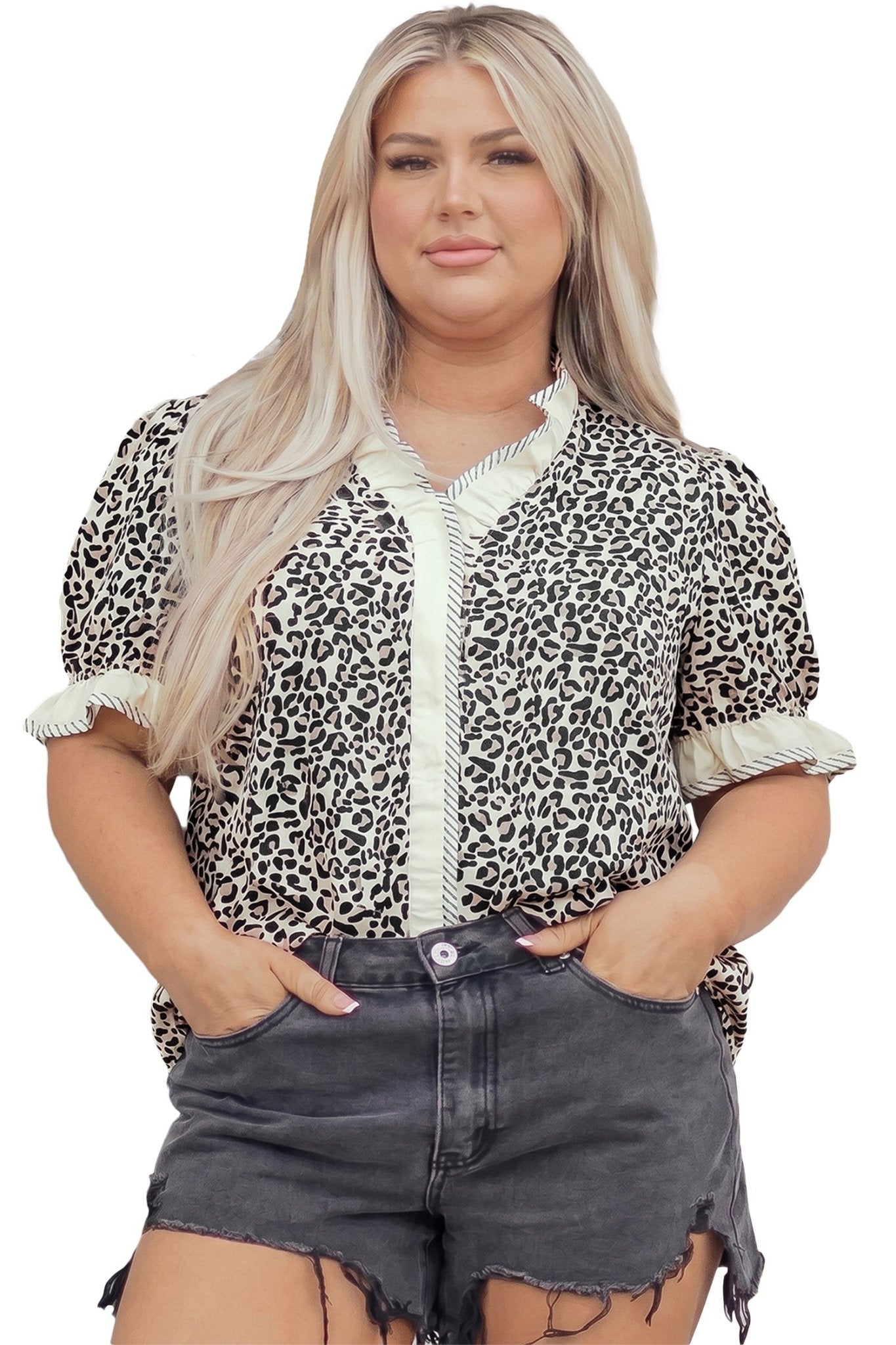Black Plus Leopard Print Striped Color Block Trim Frilled V Neck Short Sleeve Blouse - Loving It Shop
