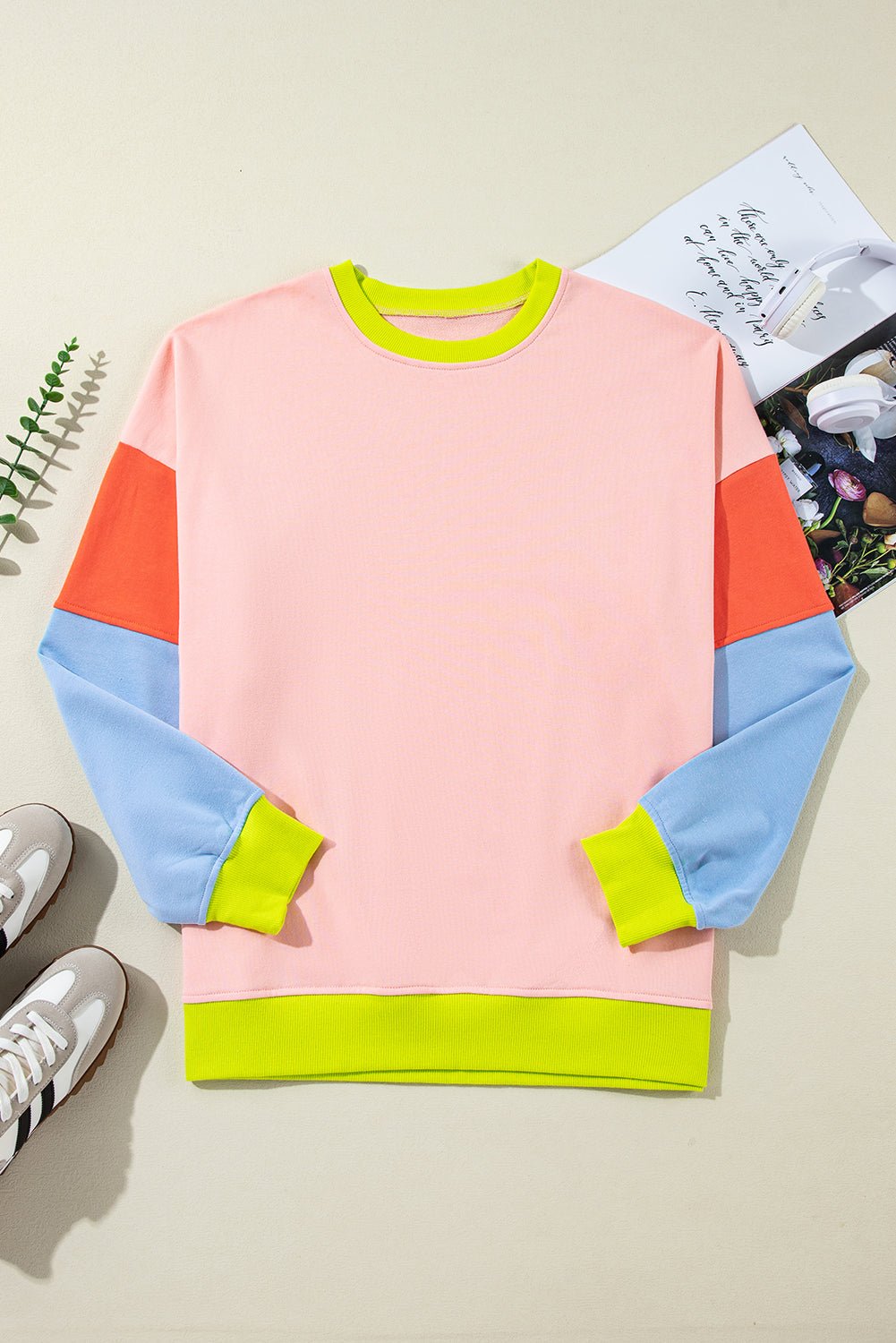 Light Pink Plus Size Colorblock Patchwork Crew Neck Sweatshirt - Loving It Shop