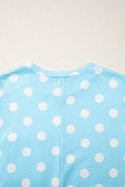 Sky Blue Polka Dot Round Neck Drop Shoulder Patch Pocket Jacquard Texture Top