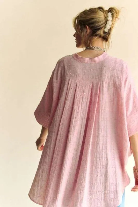 Davi &amp; Dani Rhinestone Pleat Back Short Sleeve Loose Fit Shirt
