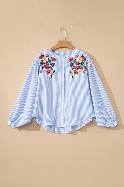 Sky Blue Stripe Floral Embroidered Billowy Sleeve Tunic Baggy Shirt