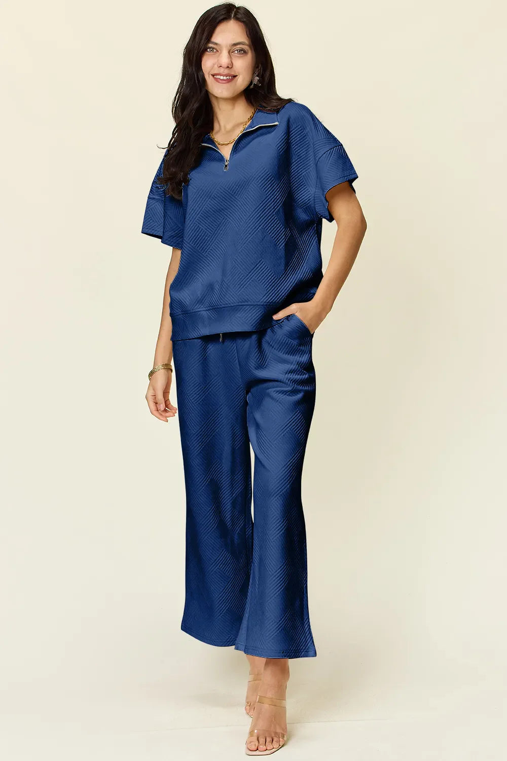 I am a Fashion Junky Full Size Texture Half Zip Short Sleeve Top and Pants Set