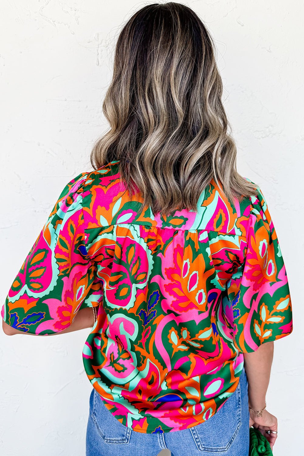 Rose Summer Plant Print Lace up V Neck Short Sleeve Blouse - Loving It Shop