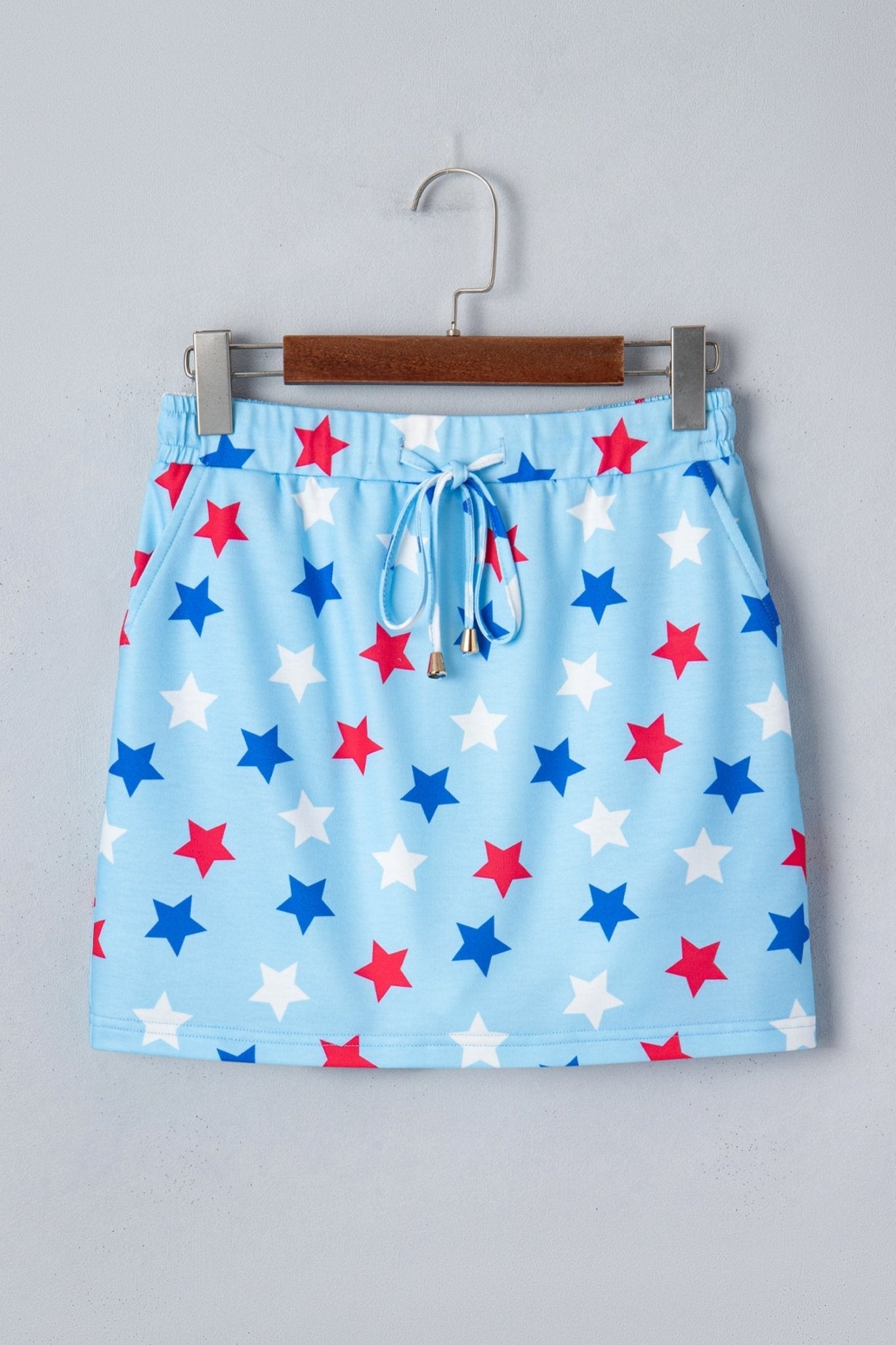 Sky Blue Patriotic Star Printed Beaded Drawstring Mini Skort - Loving It Shop