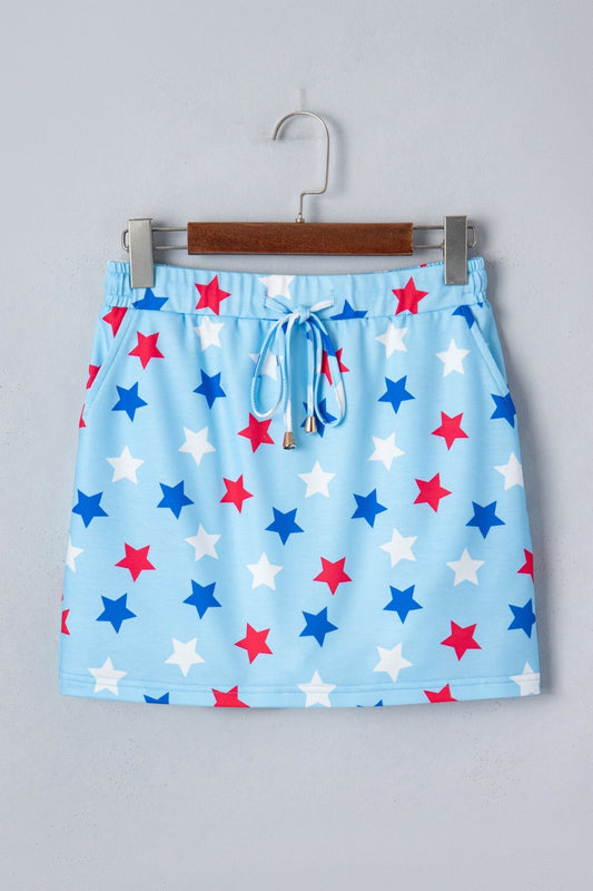 Sky Blue Patriotic Star Printed Beaded Drawstring Mini Skort - Loving It Shop