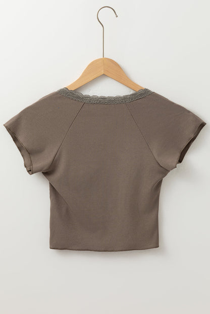 Dark Brown Lace Splicing Criss Cross Slim Fit V Neck T Shirt