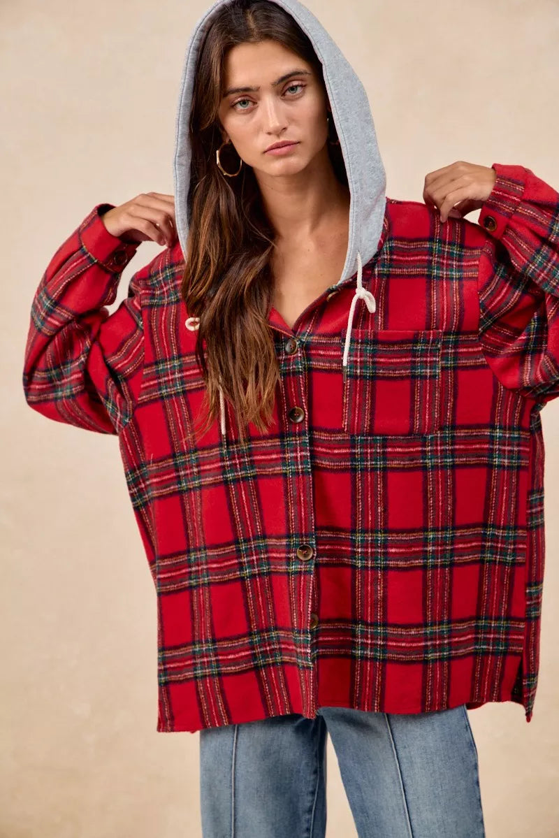 Brushed Plaid Hooded Jacket