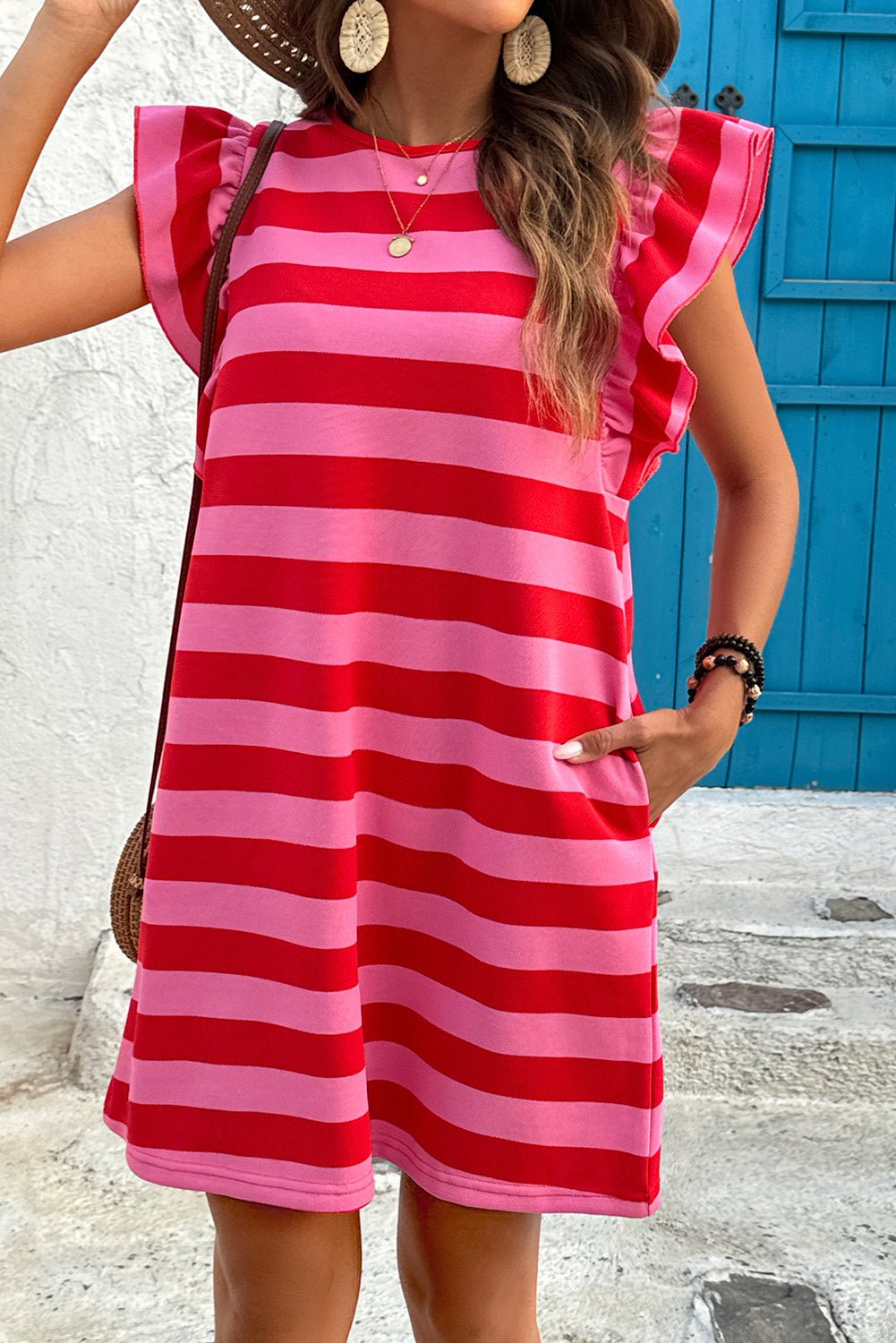 Red Stripe Flutter Sleeve Round Neck Shift Dress - Loving It Shop