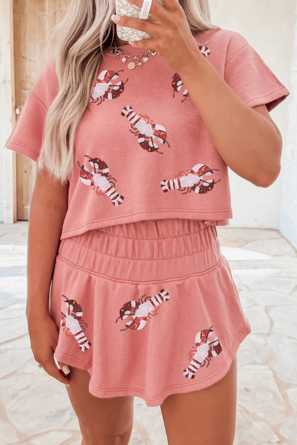 Blossom Sequin Crawfish Graphic Cropped Tee High Waist Skort 2pcs Outfit - Loving It Shop