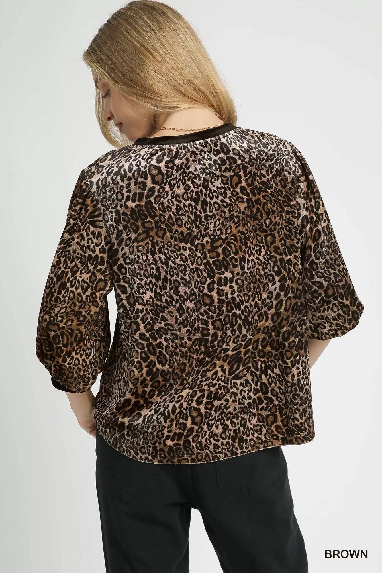 Leopard Round Neck Three-Quarter Sleeve Blouse