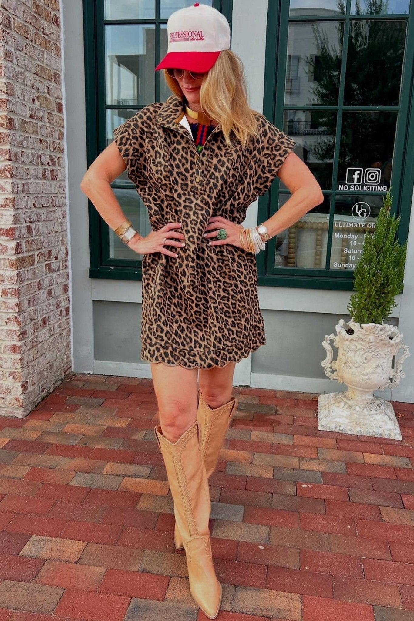 Khaki Buttoned Collar Short Sleeve Shift Leopard Dress with Pockets - Loving It Shop