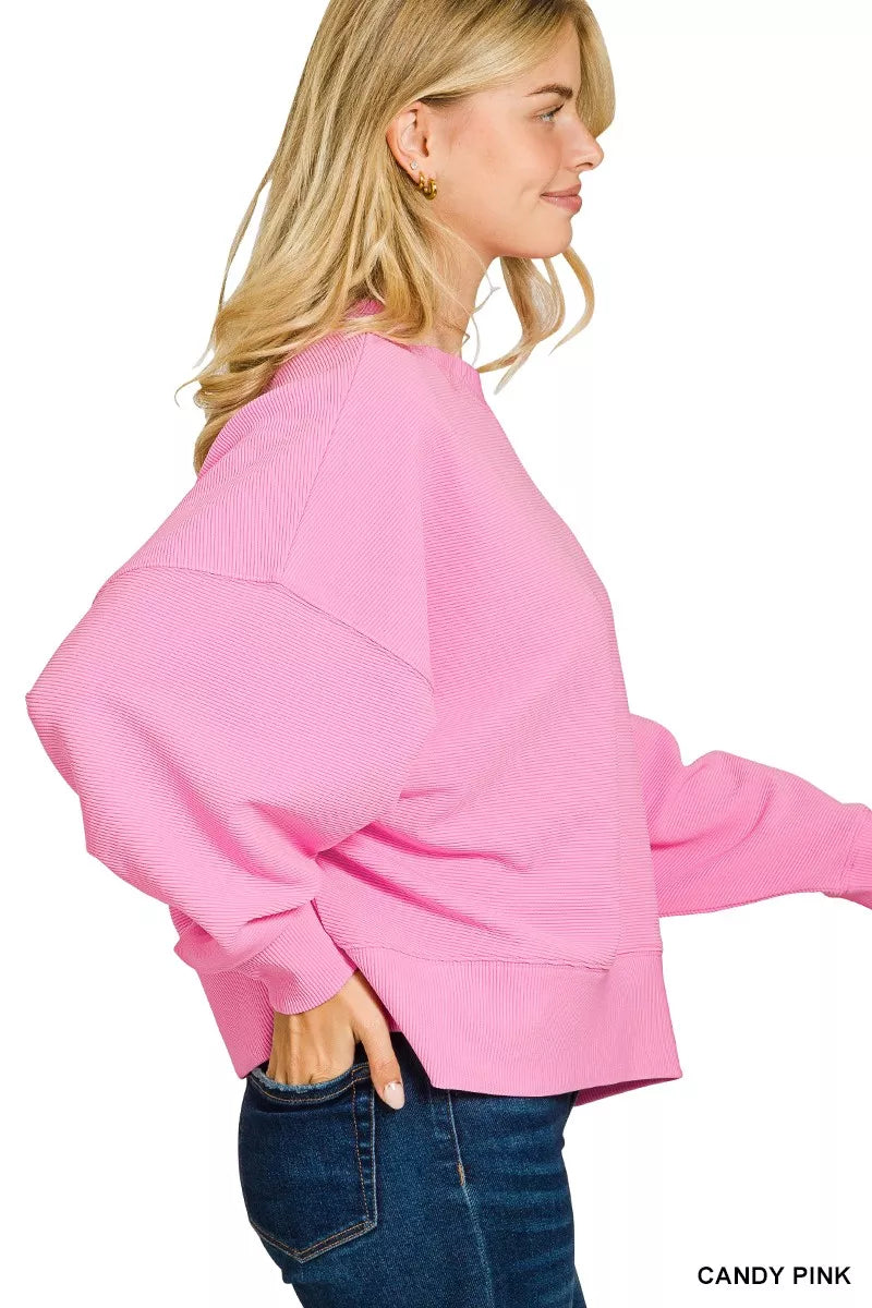 Ribbed Round Neck Pullover and Shorts Set