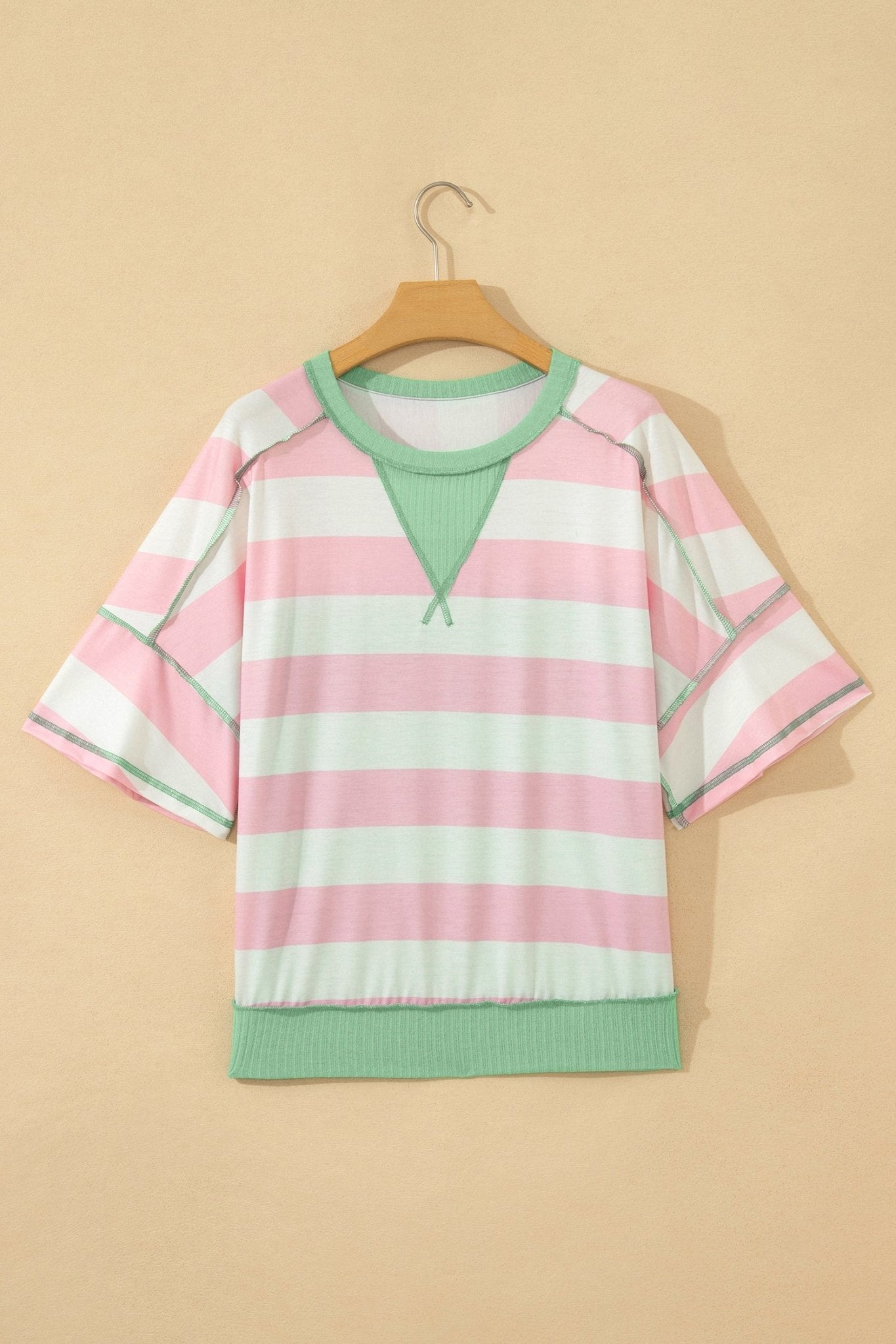 Pink Stripe Exposed Seam Ribbed Patchwork Oversized Tee - Loving It Shop