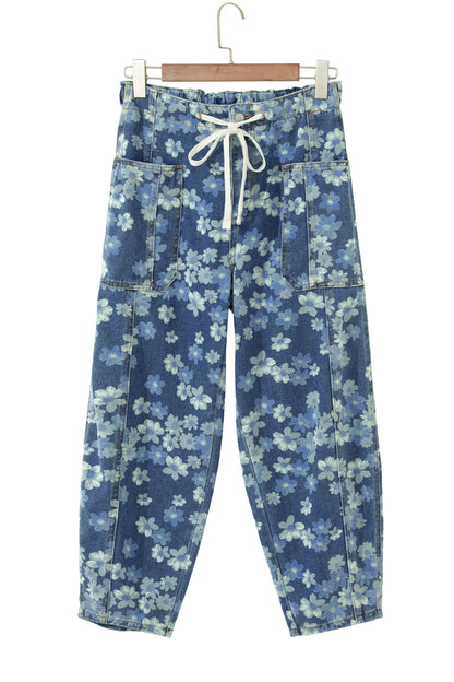 Sky Blue Dainty Floral Printed Drawstring Barrel Jeans