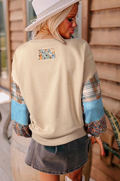 Smoke Gray Plaid Colorblock Patchwork Sleeve Raw Seam Sweatshirt