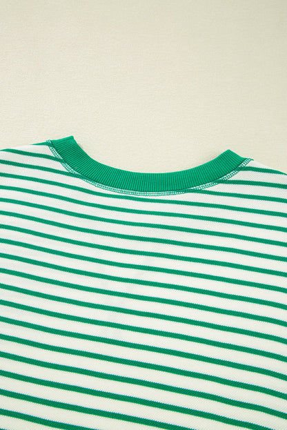 Bright Green Striped Exposed Seam Patchwork Loose Pullover Top