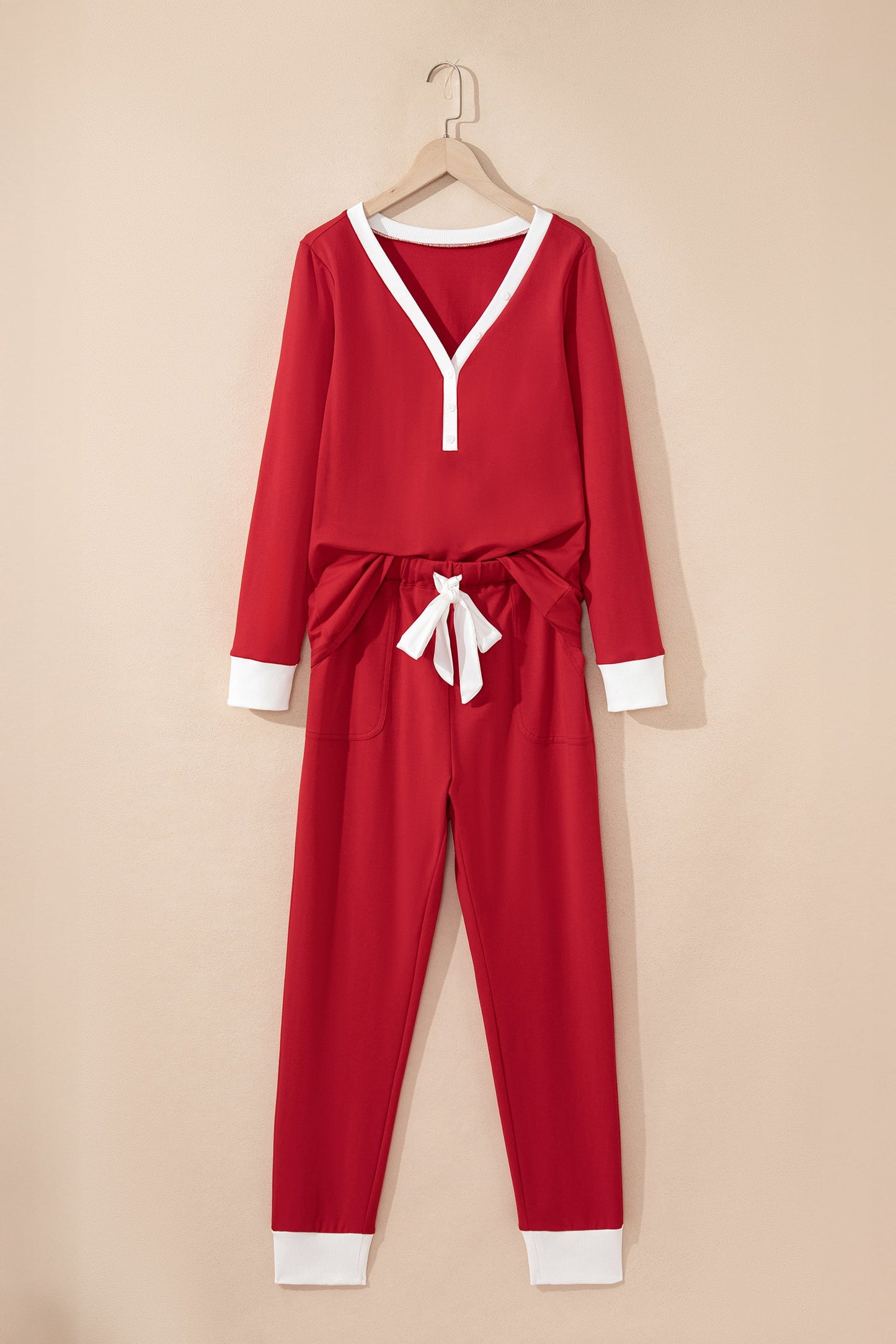Fiery Red Contrast Trim Button V Neck Ribbon Bow Knot Waist 2pcs Lounge Pant Set