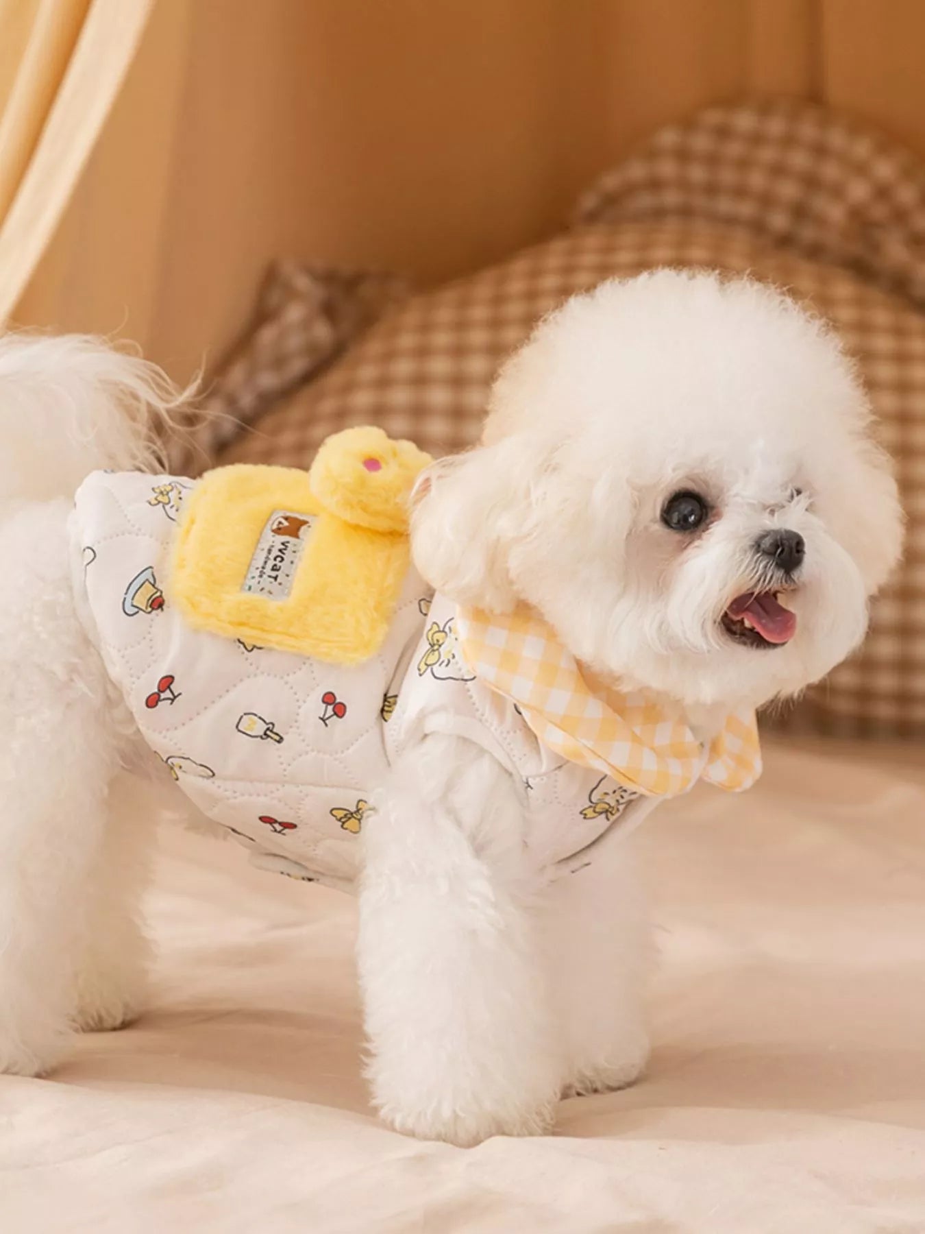 Cute Cartoon Print Padded Pet Jacket with Gingham Collar - Loving It Shop