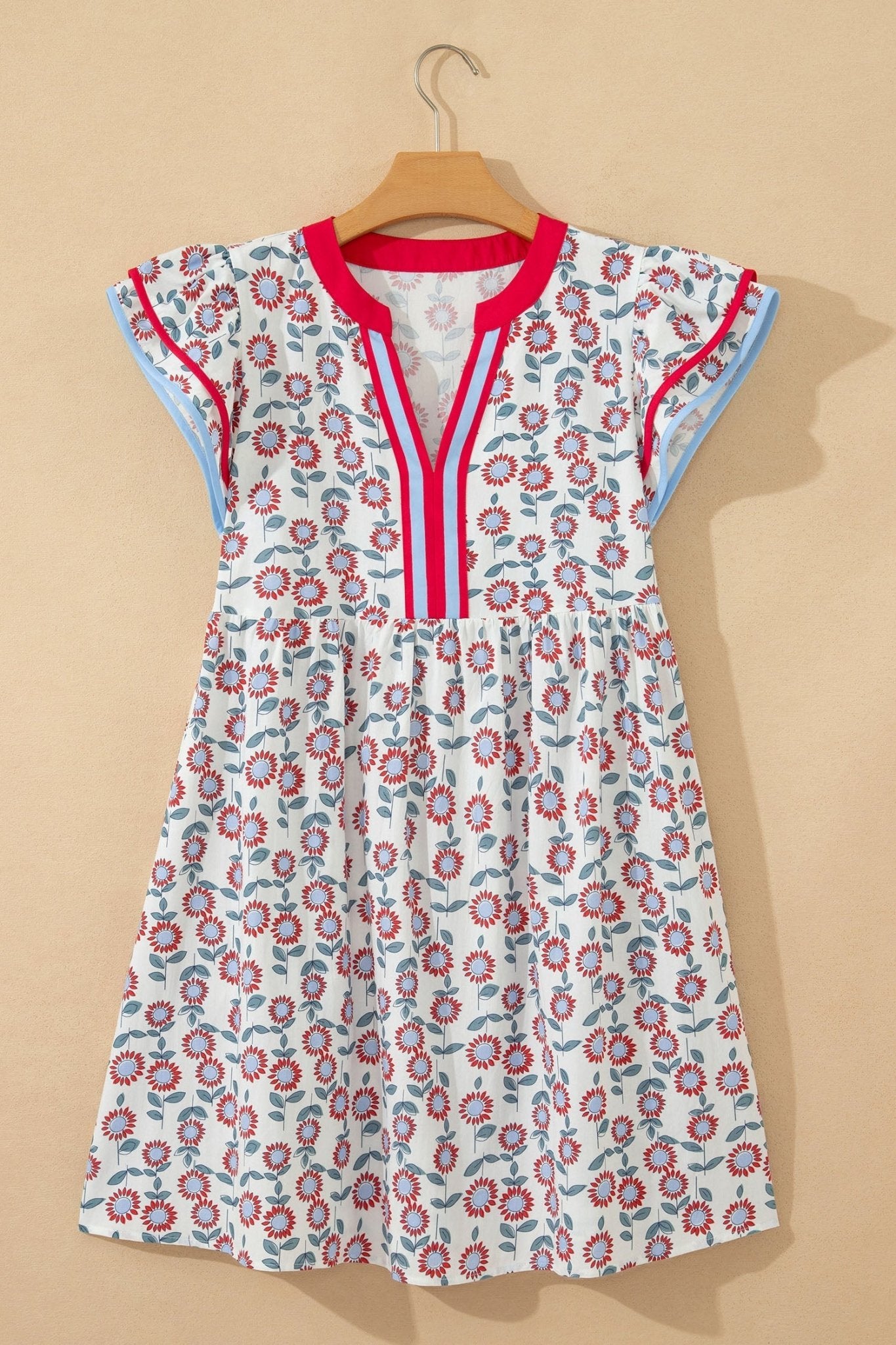 Red Floral Print Contrast Trim Flutter Sleeve Mini Dress - Loving It Shop