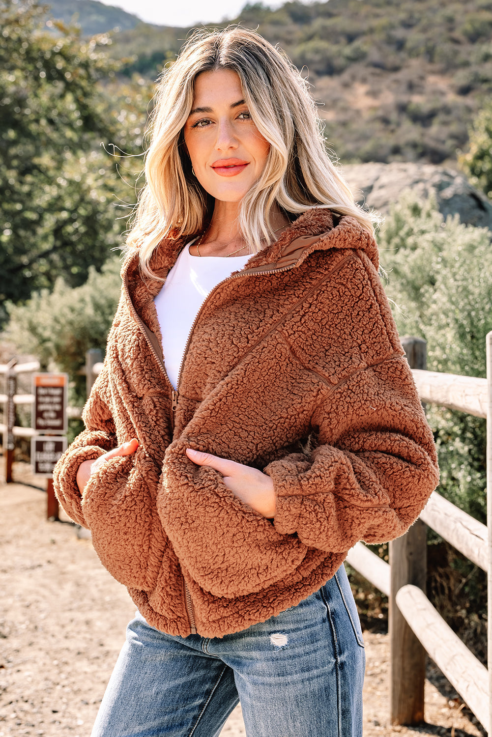 Straw Yellow Zip Up Hooded Sherpa Jacket
