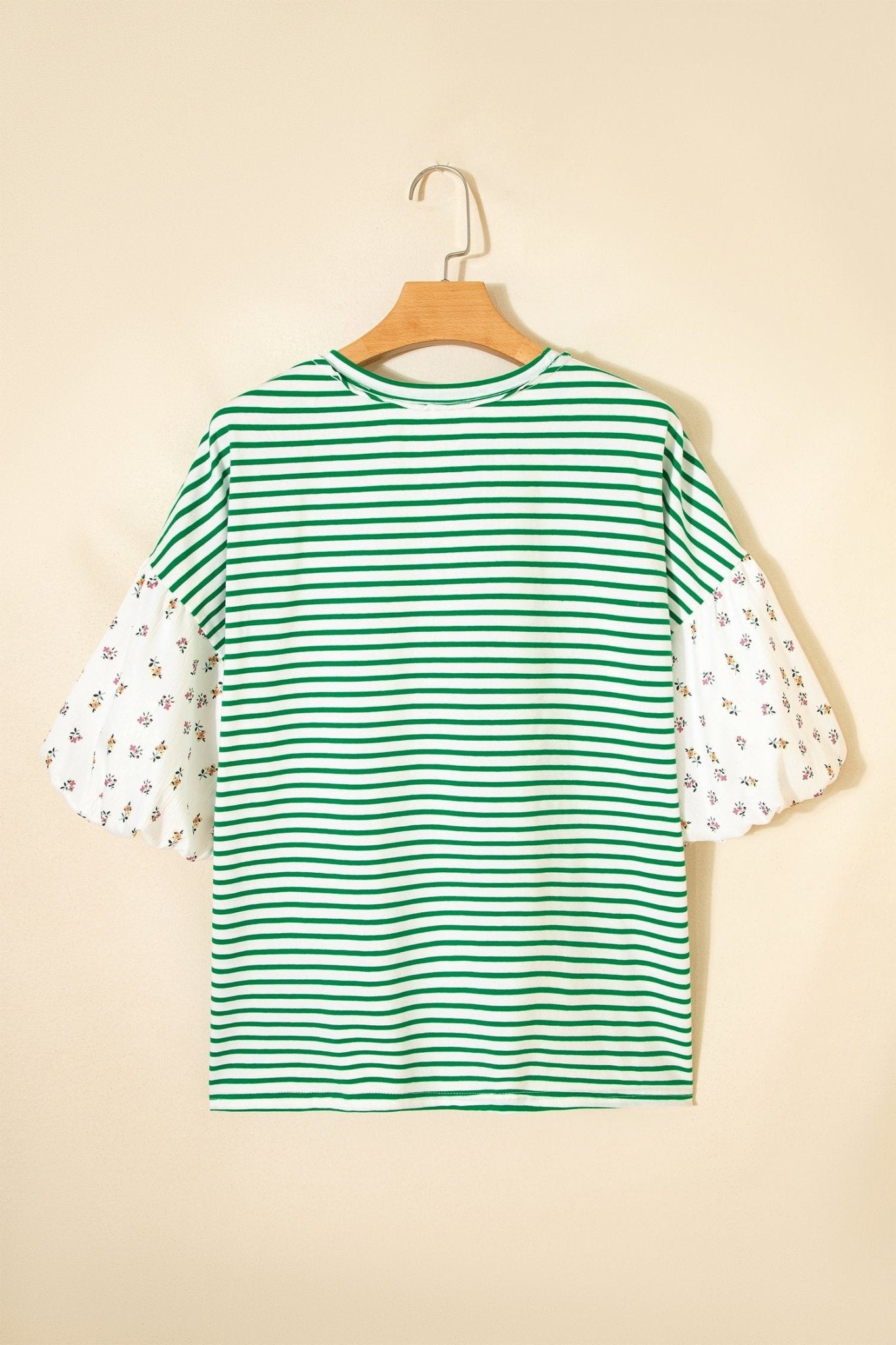 Green Stripe Floral Puff Sleeve Patchwork Round Neck Loose Top - Loving It Shop