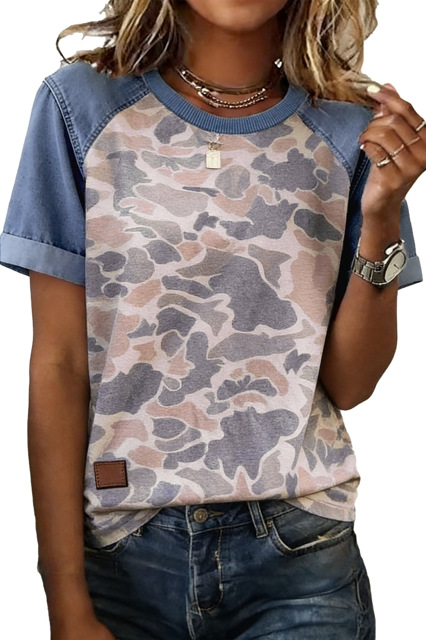 Multicolour Camouflage Print Denim Color Block Sleeve Casual Tee - Loving It Shop